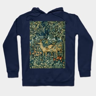 GREENERY,TWO DOES AND BIRDS IN FOREST Blue Green Floral Tapestry Hoodie